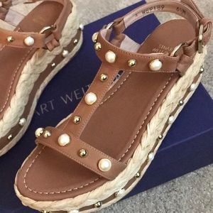 Stuart Weitzman beraffia wedge sandal with pearls